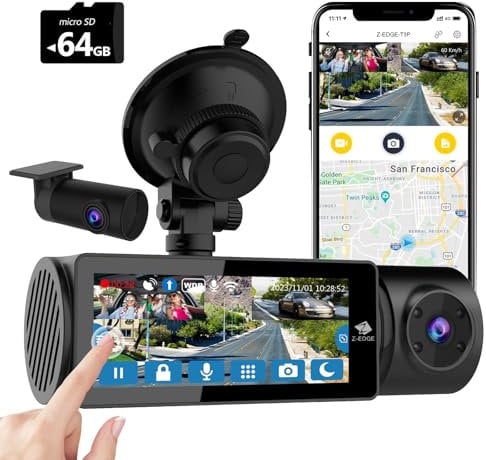 Z-Edge Dashcam 3-Kanal 5K/4K/2K/1080P mit GPS Wi-Fi, Vorne Innen Hinten, IPS Touchscreen, WDR, Infrarot Nachtsicht, Loop-Aufnahme, App-Steuerung, Mit 64GB Speicherkarte, Unterstützt max. 512GB