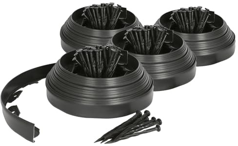 Harbour Housewares 40m Flexible Lawn Edging with 160 Pegs - Black - Plastic Garden Edging Grass Border Flower Bed Stone Path Edge Height 4cm Patio Landscaping Divider Palisade