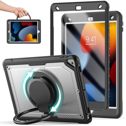 KAIJIAbox Funda para iPad de 10.2 pulgadas de 9ª/8ª/7ª generación 2021/2020/2019, funda ligera a prueba de caídas con protector de pantalla, soporte de mango giratorio de 360°, correa de hombro