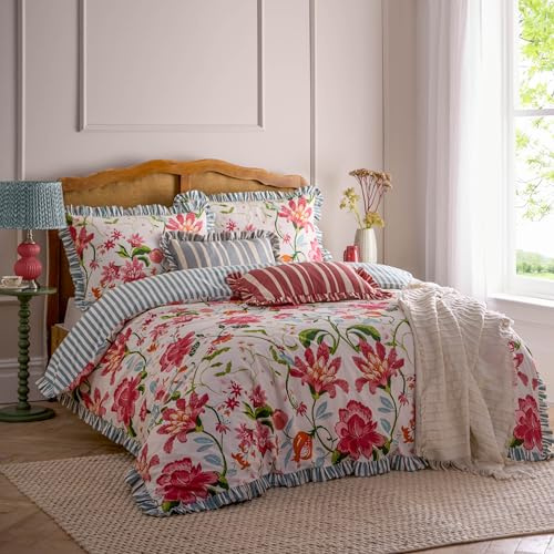 furn. Wylder Claudia Duvet Cover Set – Cotton Rich Floral Ruffle Trim Oxford Bedding (Multicolour – Double – 200x200cm)