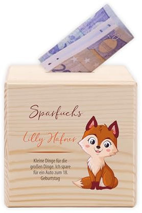 LAUBLUST Kinder Spardose Personalisiert mit Namen - Sparfuchs | Sparschwein aus Holz - Personalisierte Geschenke zur Taufe, Kommunion, Konfirmation, Geburtstag | Taufgeschenke für Mädchen & Jungen