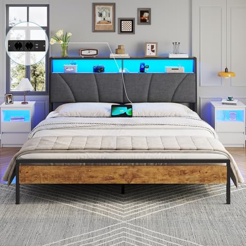 Brinlawb Lit 180x200 avec Sommier Métal, Cadre de lit 180x200 cm avec lumières LED & Multiprise, Lit 2 Personnes avec Tête de Lit Rembourrée et Rangement, Facile à Assembler, Marron Vintage & Gris