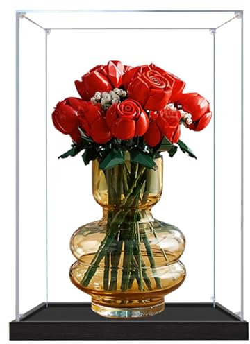 Acryl-Vitrine für Lego 10328 Rosen-Bundle, transparente Vitrine, staubdichte Vitrine, kompatibel mit Lego 10328 (nur Vitrine) (schwarzer Sockel, 3 mm)