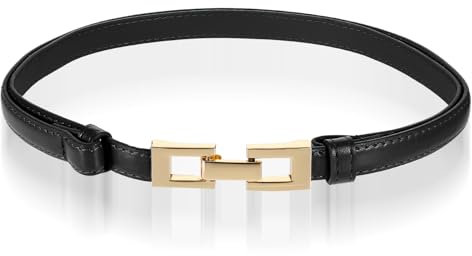 Apausvcm Gürtel Damen,Schmaler Gürtel mit Goldschnalle,Schmaler Taillengürtel für Damen,Verstellbarer Dünner Taillengürtel,Dünner Ledergürtel,für Kleider Jeans Hosen Mantel Kleiderdeko-Schwarz