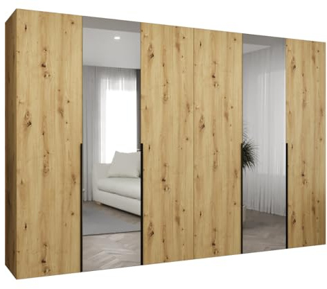 MEBLE KRYSPOL - Kleiderschrank mit Spiegel - Drehtürenschrank - Schrank 300 x 202 x 52 cm - Garderobenschrank Schlafzimmer, Flur, Jugendzimmer - Artisan Eiche, Griff Schwarz - Alicante 2