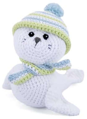 Gründl Häkelset Kuscheltier, Giraffe Gina, Esel Eddy, Robbe Robby oder Tiger Timmy, 14-18 cm, Komplettes Bastelset mit Anleitung (Robbe Robby)