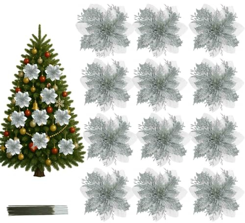 AuFiiy Christmas Tree Flowers – 12pcs Christmas Glitter Poinsettia Decorations, Wreath, Garland & Party Decor, with 12 Clips Included