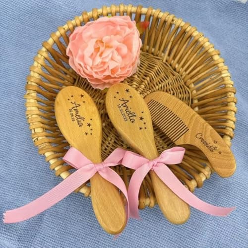 Personalisiertes Baby-Haarbürsten- Und Kamm-Set Für Neugeborene, Holzkamm-Set Mit Weicher Ziegenhaarbürste, Individuelles Geschenk Für Neugeborene Jungen/Mädchen