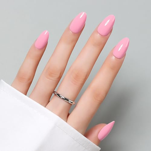 Luxbon Almond Short Press On Nails Kit, 25-30pcs with No-Cure Glue, Pink | Acrylic stick on nails. No need UV lamp. Full size set. Reusable. For women. For daily & party occasions. Ideal gift.
