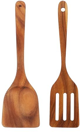 Lot de 2 spatules de cuisine en bois avec spatule en bois et spatule fendue, ustensiles de cuisine en bois d'olivier, robustes et résistants aux rayures