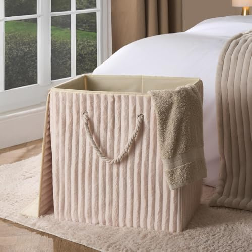 OHS Collapsible Laundry Basket with Lid Ribbed Faux Fur Folding Freestanding Laundry Bag with Rope Handles Washing Baskets for Laundries Clothes Hamper Storage, Cream - 45 x 49 x 31cm