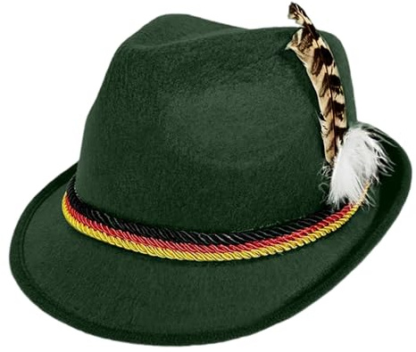 Generisch Herren Trachtenhut mit Feder und Kordel, Bayerischer Hut Jägerhut für Oktoberfest, Hanfkordel, Edelweiß & schmaler Krempe Trachten Party Kostüm Accessoire