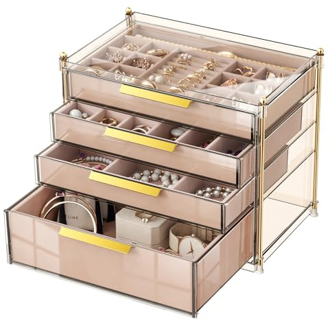 IJIAMY Schmuckkasten mit 4 Ebenen, Schmuckkästchen Groß, Schmuck Organizer mit Glasdeckel für Halsketten, Ohrringe, Uhren, Armbänder, Schmuckaufbewahrung, Modern, Cinderella Plus