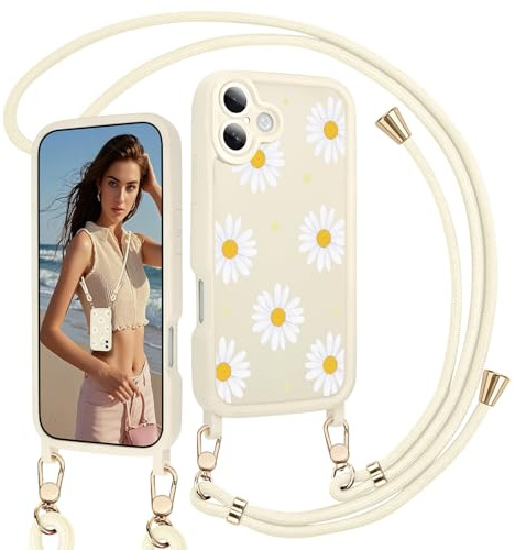 AICISINGN Handyhülle für iPhone 17 Hülle mit Band, Gänseblümchen mit Muster Matte mit Handyband Hülle Abnehmbar Kordel Handykette zum Umhängen Stoßfeste Kameraschutz für iPhone 17 Case Weiß, 07