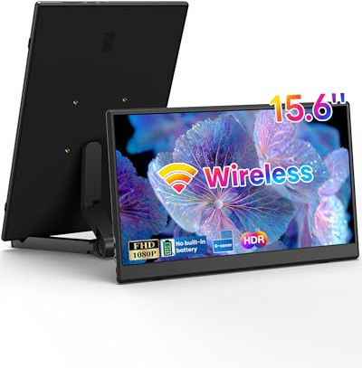 Yattberak 15.6 FHD 1080P IPS Wireless Portable Monitor for Laptop, Built-in G-Sensor, Type-C and HDMI, Foldable Stand, PU Protective Case, VESA M