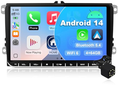4 + 64G Android 14 Car Stereo Pantalla for VW Golf/Seat/Passat/Polo/Jetta/Touran 9 Pulgadas Multimedia Stereo Radio con Wireless CarPlay Android Auto Mirror Link SWC GPS Bluetooth WiFi FM Camera
