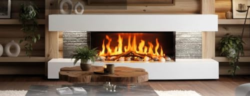 AuraHome ® White 48 inch Wide 2000w Electric Feature Fireplace Concave Suite with LED 3D Flame Log & Pebble Fuel Bed, Decorative Sides, Adjustable Flame A Stunning piece Now with Fire Crackling Sound