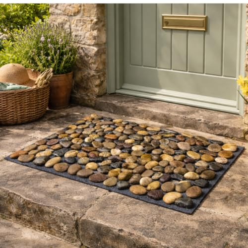 Natural River Pebble Doormat 60x40cm, Handcrafted Polished Stone Door Mat with Weatherproof Backing, Indoor Outdoor Entryway Floor Mat