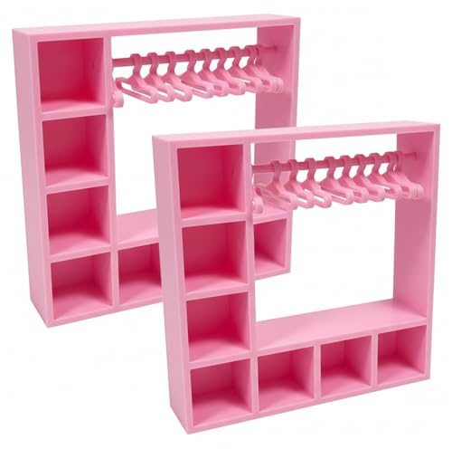 2 teiliges Puppenkleider Aufbewahrungsset, mehrstöckiger Puppenschrank mit Kleiderstange und Mini Kleiderbügeln, Puppengarderobe zur Präsentation und für Accessoires, Babykleidung, Aufbewahrung v