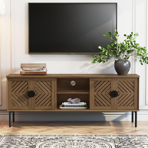 HOLTICO TV Units for Living Room, Walnut TV Stand with Storage Cabinet Fits TVs Up to 70 Inches