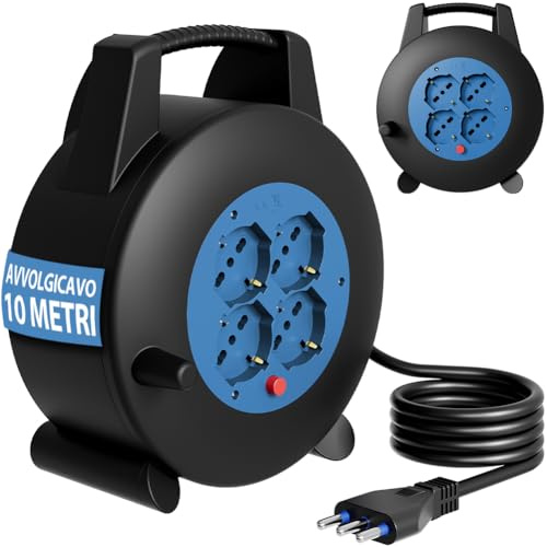 BAKAJI Avvolgicavo con 4 Prese Universali Shuko Polivalenti con Interruttore di Protezione al Surriscaldamento, Multipresa Multiuso con Cavo Resistente, Prolunga Elettrica Compatta (10 Metri)