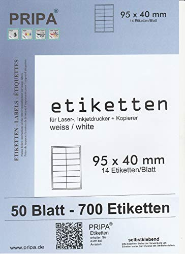 pripa - Etiketten 95 x 40 mm - 14 Stueck auf A4-50 Blatt DIN A4 selbstklebende Etiketten