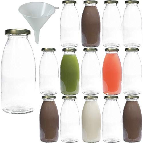 Viva Haushaltswaren - Juego de Botellas pequeñas de Cristal (15 Unidades, 250 ml, tapón de Rosca, Embudo de 12 cm de diámetro)