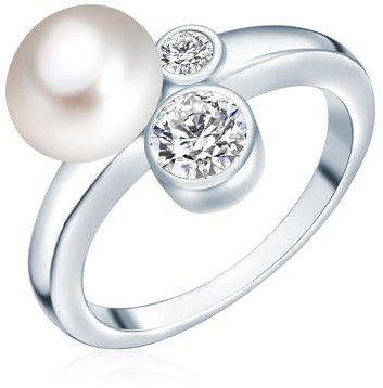 Valero Pearls Damen-Ring Hochwertige Süßwasser-Zuchtperlen ca. 8 mm Button weiß 925 Sterling Silber Zirkonia - Perlenring mit echten Perlen