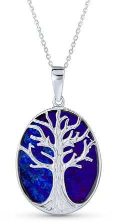 Blue Lapis Lazuli large Oval Wishing Tree Family Tree Of Life Pendant Necklace Western Jewelry For Women .925 Sterling Silver