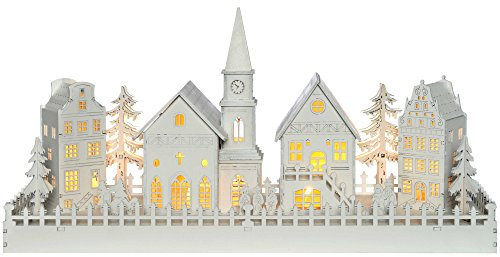 WeRChristmas Pre-Lit Wooden Scene with Church Christmas Decoration Illuminated with LED Lights, 45 cm - White