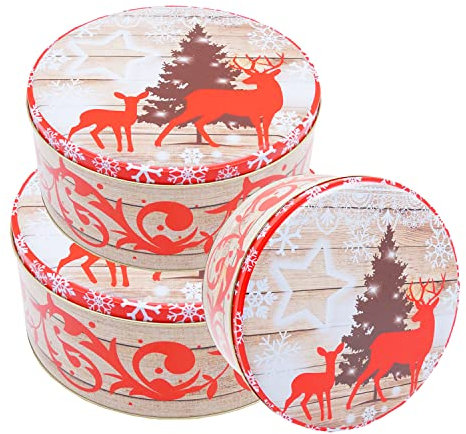 Kamber Office Plätzchendosen Set 3 teilig Keksdosen weihnachtlich wunderschönes Design Keksdosen Set rund Plätzchendose Metall 3er Set (Rentier)
