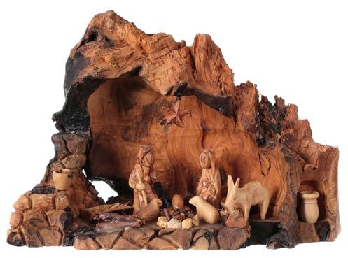 Holyart Heilige Familie mit Grotte Olivenholz Bethlehem 20x30x20cm