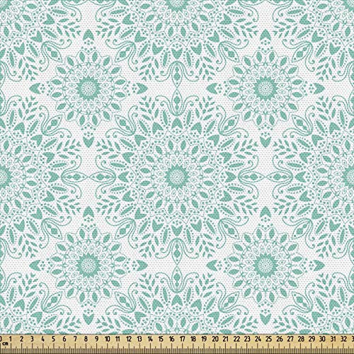 ABAKUHAUS Mandala Stoff als Meterware, Ethnische orientalische wirbelt, Qualitäts Stoff Polster für Wohnaccessoires, 10M (148x1000cm), Weiß und Aqua