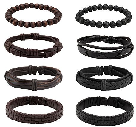 MILAKOO 8 Stück braun schwarz geflochtenes Lederarmband für Männer Frauen Lava Rock Armband 8mm