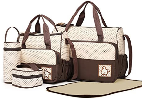 Miss Lulu 5er-Set Baby Wickeltasche Babytasche Tasche Mutter Windeltasche Handtasche Schultertasche Flaschenhalter mit wickelunterlage (Braun)