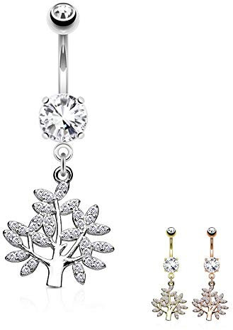Treuheld® | Kristall Bauchnabelpiercing mit Baum | 3 Farben [01.] - Silber
