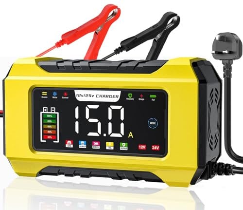 15Amp Car Battery Charger & Maintainer, 12V/15A & 24V/8A Automatic Trickle Charger for AGM, Gel, Wet, LiFePO4, Lead Acid Batteries, UK Plug – Battery Reconditioning & Charging Unit