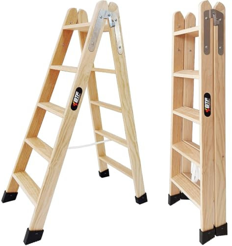BTF Escaleras Tijera de Madera Pino Doble Subida Certificadas | Ideal para Profesionales Pintor, Escayolista, Electricista o hasta para su hogar | 5+5 Peldaños, H.121 cm. Ref. BTF-MDP005