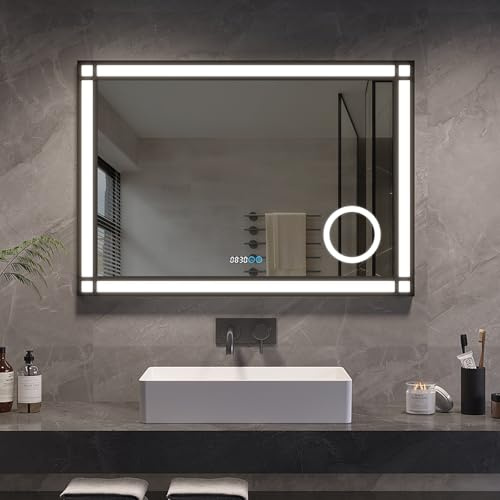 AQUABATOS Badspiegel mit Beleuchtung und Uhr Schwarzer Rahmen Fensteroptik 100x70cm, Badezimmerspiegel Beleuchtet Beschlagfrei Led Bad Schminkspiegel mit Touch-Schalter, Kaltweiß Dimmbar