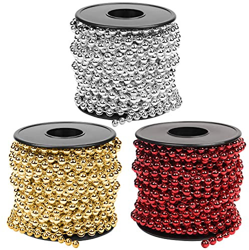 Belle Vous Perlenkette für Weihnachtsbaum (3 Stk) 10 m Rote, Silberne & Goldene Perlen Christbaumkette für einen Weihnachtsbaum, Perlenkette Tischdeko & Partydeko, Perlenkette zum Aufnähen & Handwerk