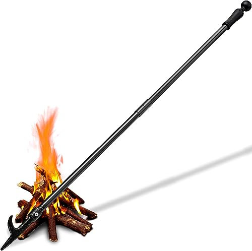 BsBsBest Tisonnier pour foyer, 117 cm, extra long, portable, pour cheminée, camping, poêle à bois, utilisation en extérieur et intérieur, résistant à la rouille, finition noire