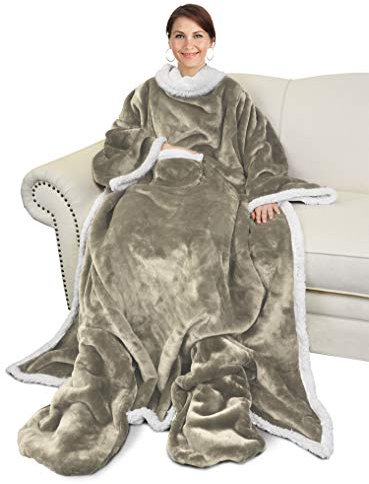 Catalonia TV Decke Kuscheldecke Ganzkörperdecke mit Ärmeln und Füßen, Geschenk Decke zum Anziehen Winter Fleece Sherpa Warme Decken für Erwachsene Frauen Männer, 190 x 135 cm, Kamel