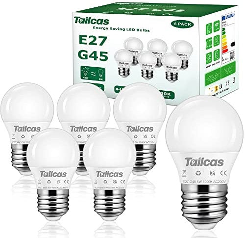 Tailcas E27 LED Bulb Cool White, 5W (45W Equivalent), 450LM Large Edison Screw Light Bulbs Daylight 6000K, No Dimmable No Flicker ES Golfball, 6 Pack
