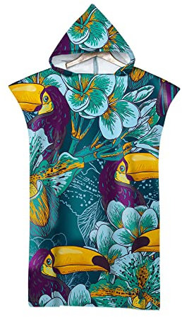 Highdi Surf Poncho con Cappuccio, Asciugatura Rapida Uccello Stampa Telo Mare Uomo o Donna Adulto Asciugamano Accappatoio Ideale per Sport Piscina Spiaggia Nuoto (75x110cm,Tucano)