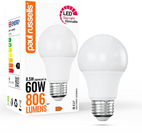 paul russells LED GLS - Dimmable Edison Screw Light, 8.5W 806 Lumens E27 A60 LED Bulbs, 60w Equivalent, 6500K Daylight, Dimmer Standard ES Energy Saving Ceiling Lightbulbs, Pack of 1