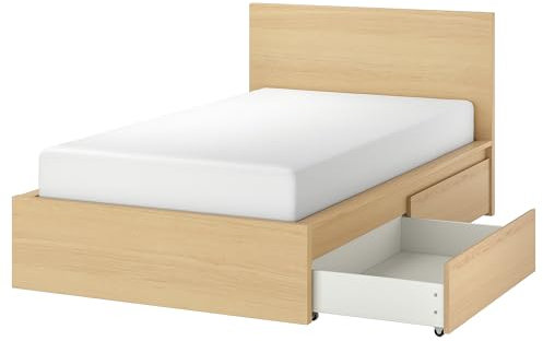 IKEA MALM Bettgestell, hoch, mit 2 Aufbewahrungsboxen, 120 x 200 cm, Eichenfurnier weiß gebeizt