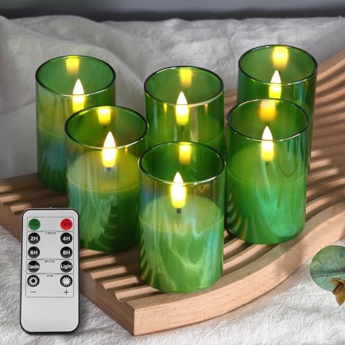 Eywamage Green Glass Flameless Candles with Remote Timer, 6 Pack Flickering LED Votive Candles Battery Included Φ 2 H 3