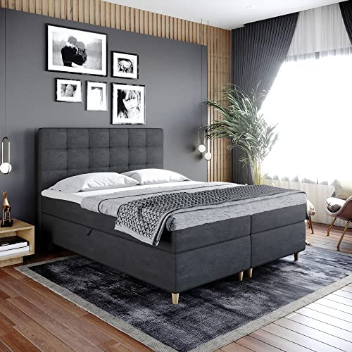 Boxspringbett Dante - Doppelbett, Bett mit Bonellmatratze und Topper, 2 Bettkästen für Bettwäsche, Polsterbett, Modern, Elegant, Schlafzimmer, Schlafzimmermöbel, Schlafzimmerbett (200x200, Anthrazit)