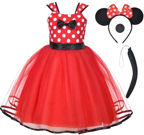 ACWOO Ragazza Minnie Pois Abito da Principessa Costumes, 4 Pezzi Vestito Minnie Bambina con Naso, Fascia per Orecchie, Coda, Vestito Minnie Bambina per Cosplay, Carnevali, Halloween, Natale