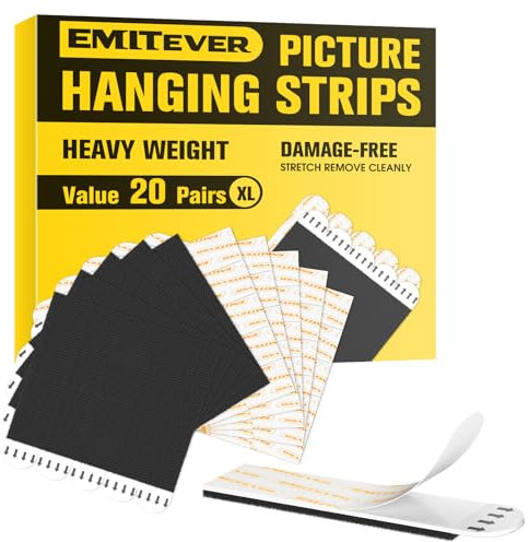 Emitever Picture Hanging Strips Heavy Duty, Large 20 Pairs, No Damage Picture Adhesive Strips, Hook and Loop Mounting Tape Black
